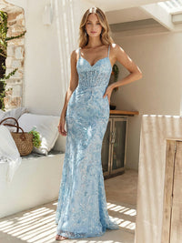 Spaghetti Straps Lace Appliques V Neck Tulle Sparkly Mermaid Prom Dresses