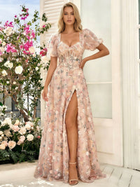 V Neck Tiered Short Sleeves Floral Print A Line Prom Dresses with Slit