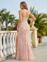Spaghetti Straps Lace Appliques V Neck Tulle Sparkly Mermaid Prom Dresses with Slit