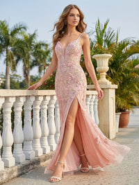 Spaghetti Straps Lace Appliques V Neck Tulle Sparkly Mermaid Prom Dresses with Slit