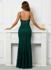 Spaghetti Straps Lace Appliques V Neck Tulle Mermaid Prom Dresses with Slit