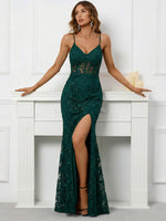 Spaghetti Straps Lace Appliques V Neck Tulle Mermaid Prom Dresses with Slit