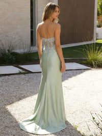 Spaghetti Straps Lace Appliques Satin Mermaid Prom Dresses with Slit