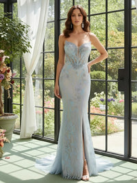 Lace Appliques Tulle Floral Print V Neck Spaghetti Straps Formal Dresses with Slit