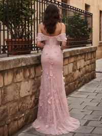 Lace Appliques Tulle Floral Print High Slit Off the Shoulder Formal Dresses
