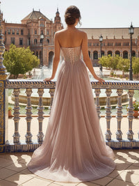 Lace Appliques Strapless Sequin A Line Formal Dresses