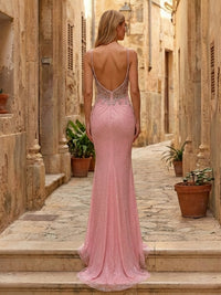 Lace Appliques Spaghetti Straps Round Neck Ruffles Sparkly Formal Dresses