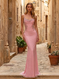 Lace Appliques Spaghetti Straps Round Neck Ruffles Sparkly Formal Dresses