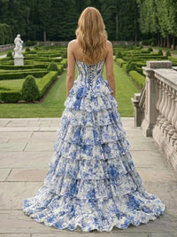 Tiered 3D Flowers A Line V Neck Tulle Formal Dresses with Slit