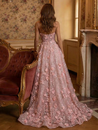 3D Flowers A Line Spaghetti Straps V Neck Sparkly Tulle Formal Dresses
