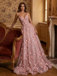 3D Flowers A Line Spaghetti Straps V Neck Sparkly Tulle Formal Dresses