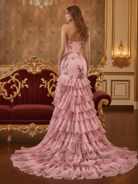 Bow Tiered Sleeveless Strapless Tulle Mermaid Formal Dresses with Slit