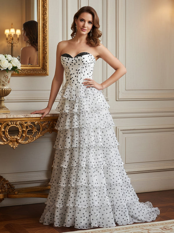 Tiered Corset Sleeveless V Neck Tulle A Line Formal Dresses
