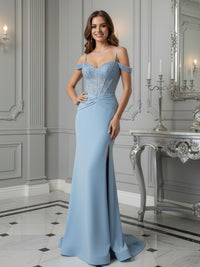 Sequin Spaghetti Straps Off the Shoulder Mermaid Formal Dresses with Slit