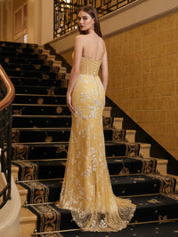 Tulle Spaghetti Straps Strapless Mermaid Lace Appliques Formal Dresses with Slit