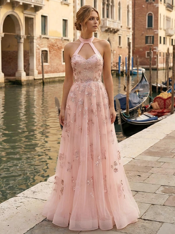 Halter Lace Appliques Tulle Sweetheart A Line Formal Dresses