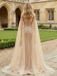 Lace Appliques Sequin Floral Print High Slit Sweetheart Off the Shoulder Formal Dresses with Caps