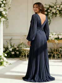 Chiffon V Neck Pleated Long Sleeves Bridesmaid Dresses