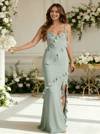 Satin V Neck Ruffles Spaghetti Straps Bridesmaid Dresses with Slit