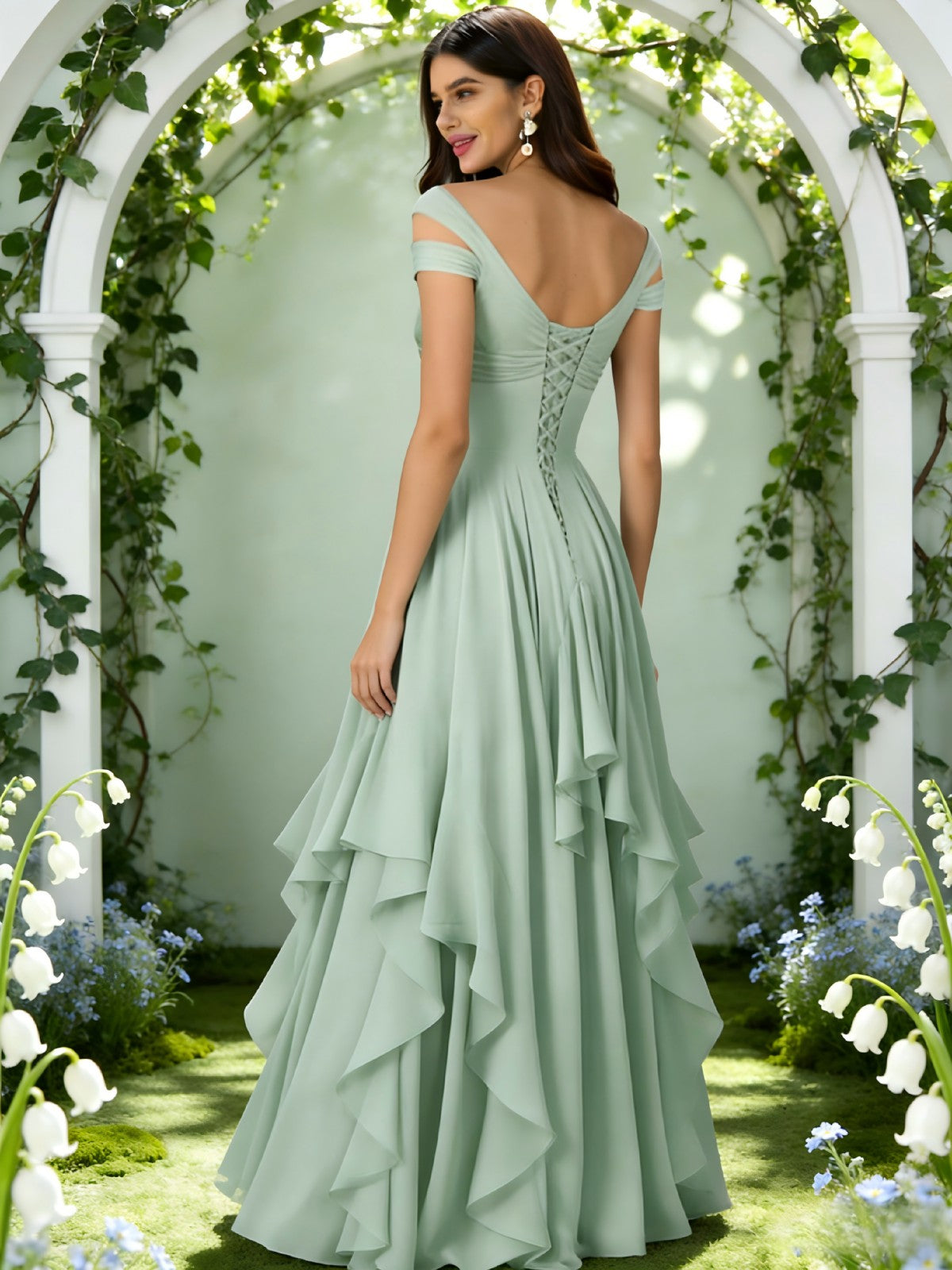 Chiffon Off the Shoulder Ruffles Pleated Bridesmaid Dresses
