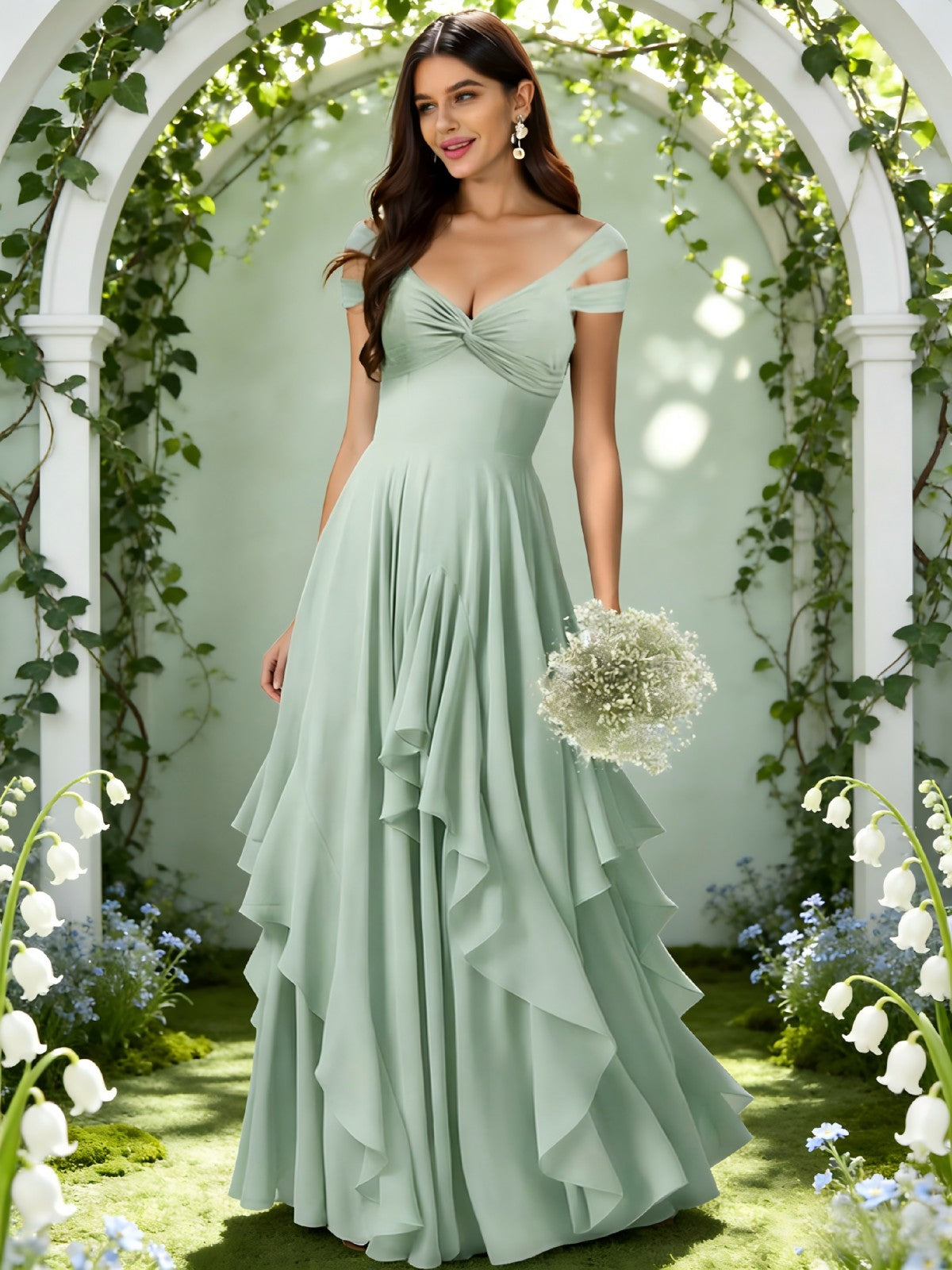 Chiffon Off the Shoulder Ruffles Pleated Bridesmaid Dresses