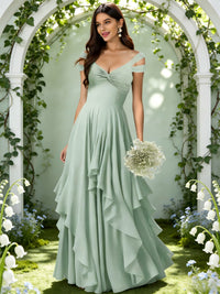 Chiffon Off the Shoulder Ruffles Pleated Bridesmaid Dresses
