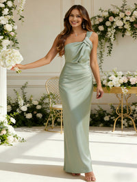 Satin One Shoulder Pleated Mermaid Bridesmaid Dresses for Women