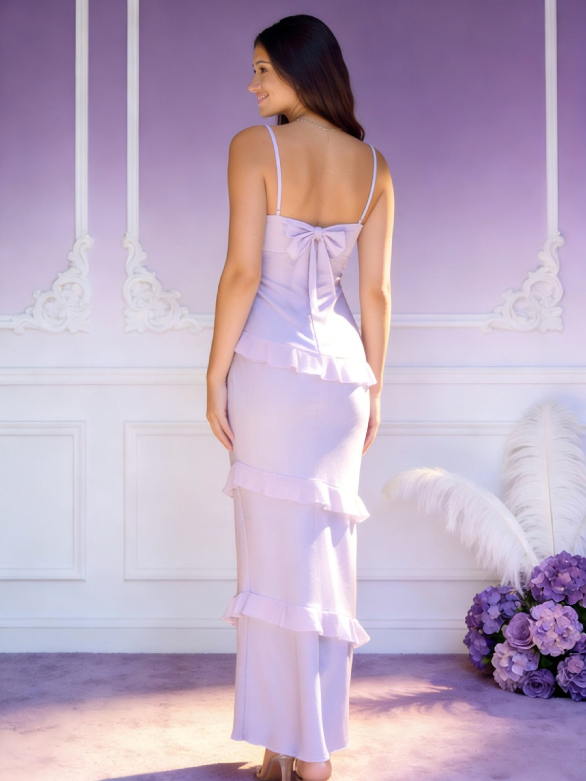Satin V Neck Bow Ruffles Spaghetti Straps Bridesmaid Dresses