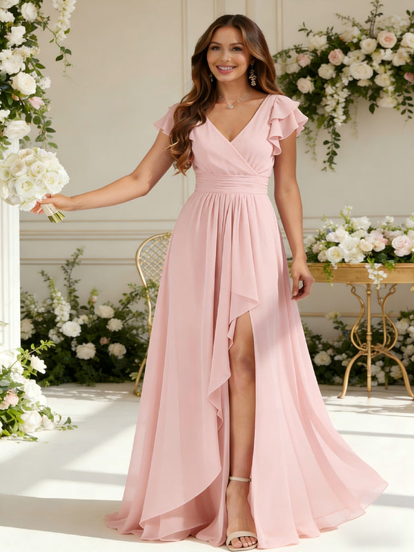 Chiffon V Neck Pleated Flutter Sleeves Long Bridesmaid Dresses with Slit