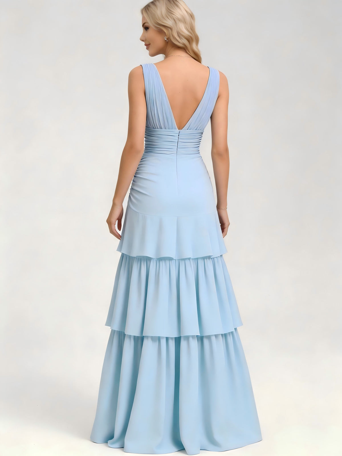 V Neck Chiffon Pleated Bridesmaid Dresses with Slit