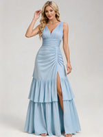 V Neck Chiffon Pleated Bridesmaid Dresses with Slit