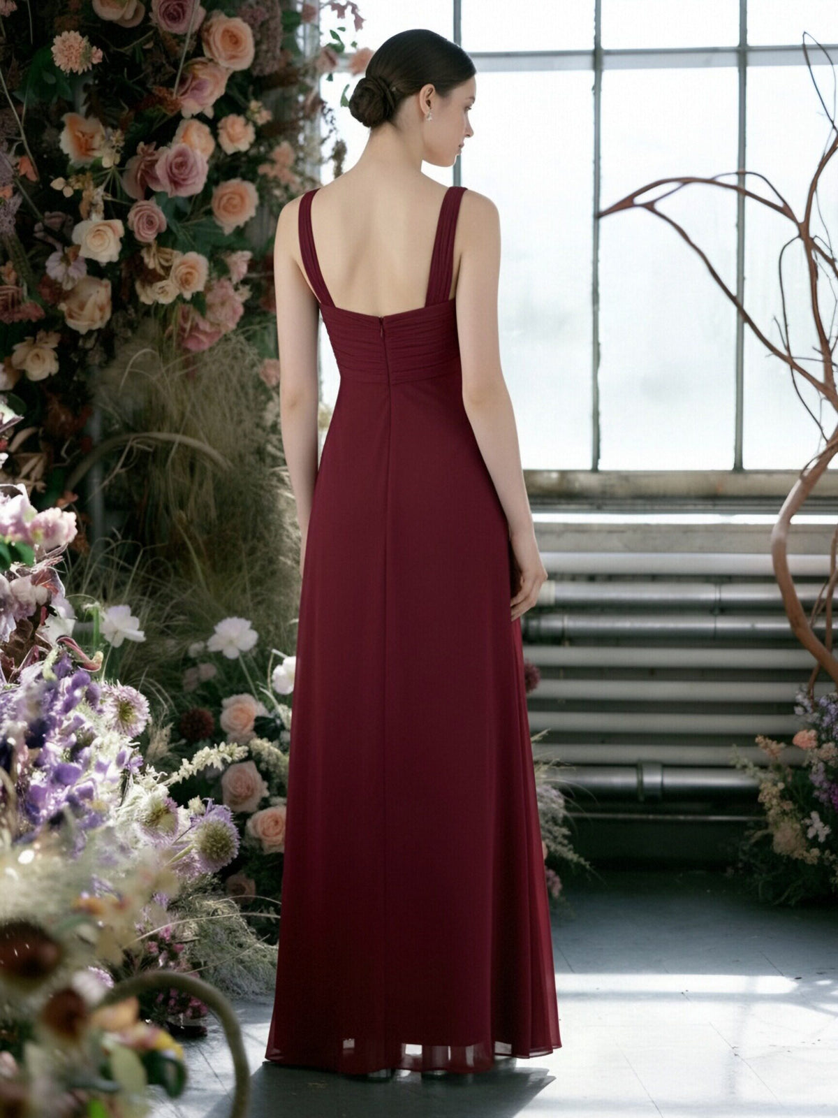 Chiffon V Neck Ruffles Tiered Ruched Bridesmaid Dresses with Slit