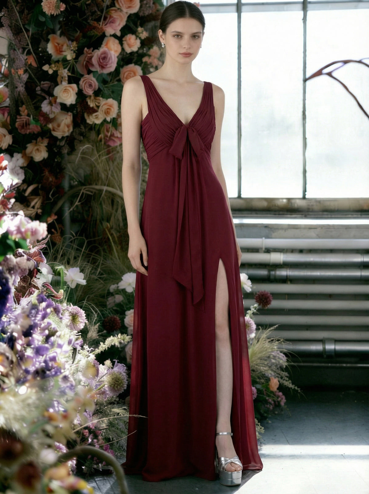 Chiffon V Neck Ruffles Tiered Ruched Bridesmaid Dresses with Slit