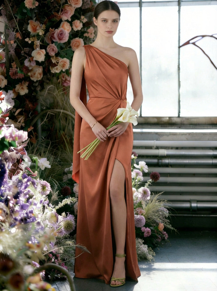 Chiffon One Shoulder Ruffles Corset Bridesmaid Dresses with Slit