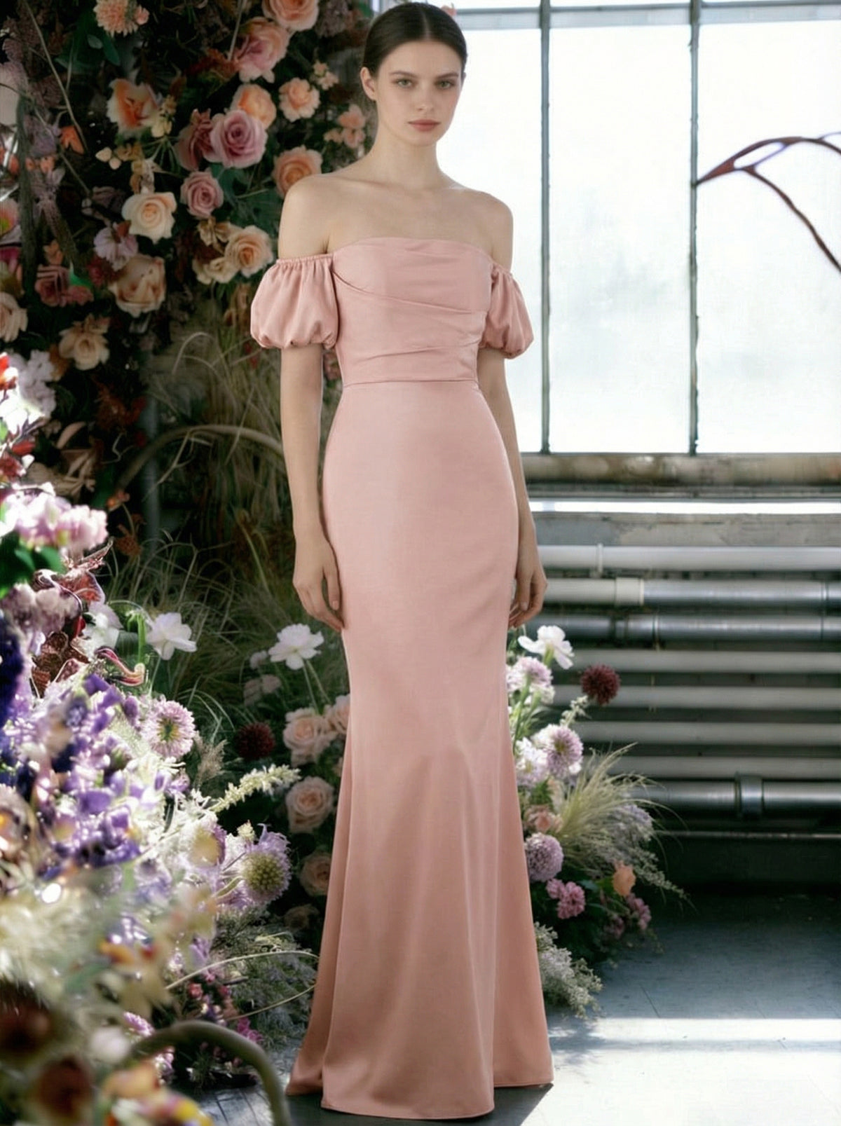Satin Off the Shoulder Short Sleeves Sheath Bridesmaid Dresses