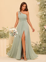 Chiffon One Shoulder Ruffles Pleated Bridesmaid Dresses with Slit