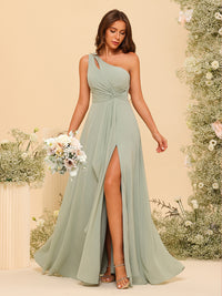 Chiffon One Shoulder Ruffles Pleated Bridesmaid Dresses with Slit