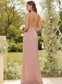 Spaghetti Straps Satin V Neck Bridesmaid Dresses with Slit