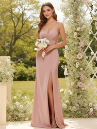 Spaghetti Straps Satin V Neck Bridesmaid Dresses with Slit