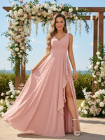 Double V Neck Chiffon A Line Bridesmaid Dresses