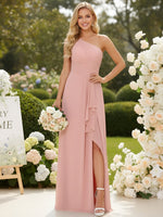 One Shoulder Chiffon Pleated Bridesmaid Dresses with Slit