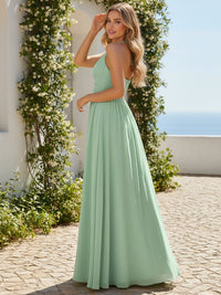 Halter Chiffon Pleated Cut Out Bridesmaid Dresses with Slit