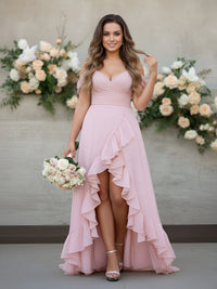 Off the Shoulder Chiffon High Low Bridesmaid Dresses
