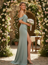 Satin Off the Shoulder Ruched Bridesmaid Dresses with Slit