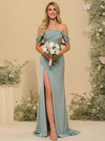Satin Off the Shoulder Ruched Bridesmaid Dresses with Slit