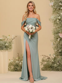 Satin Off the Shoulder Ruched Bridesmaid Dresses with Slit