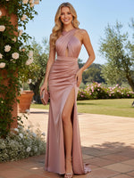 Satin Halter Cut Out Ruched Bridesmaid Dresses with Slit