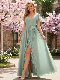 Chiffon V Neck Tulle Ruffles Bridesmaid Dresses with Slit