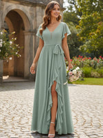 Chiffon V Neck Tulle Ruffles Bridesmaid Dresses with Slit