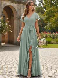 Chiffon V Neck Tulle Ruffles Bridesmaid Dresses with Slit